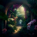 Corridor with an arch overgrown with flowers and tropical plants in the jungle Royalty Free Stock Photo
