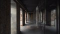 Corridor of brick office building in loft style. Action. Beautiful architecture of modern office building with long Royalty Free Stock Photo