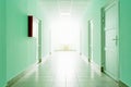 The corridor with bright light from the window, a hall with green walls and white doors Royalty Free Stock Photo