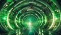 a corridor with circular vaults illuminated by green neon,