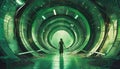 a corridor with circular vaults illuminated by green neon,