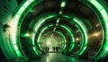 a corridor with circular vaults illuminated by green neon,