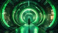 a corridor with circular vaults illuminated by green neon,