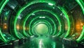 a corridor with circular vaults illuminated by green neon,