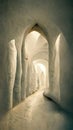 Corridor with columns. Abstract 3D-illustration illusion of natural stone, grass. Art gallery.