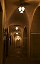 Corridor with columns in night time, abstract architectural photo, columns, diagonal, street photography. Architectural details. V