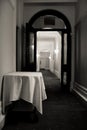 Corridor and empty food trolley for room service at a luxury hotel. Royalty Free Stock Photo