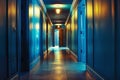 The corridor features deep blue walls and soft lighting, leading towards an open door Royalty Free Stock Photo