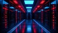 Corridor filled with servers with red and blue lights in hallway, data center. Royalty Free Stock Photo