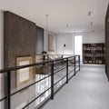 The corridor with glass railings on the second floor, leading to a recreation area and a library. Duplex apartment in the style of Royalty Free Stock Photo