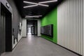 Corridor hall interior, with front door and elevator in many apartment building, with mailboxes with green walls Royalty Free Stock Photo