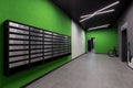 Corridor hall interior, with front door and elevator in many apartment building, with mailboxes with green walls Royalty Free Stock Photo