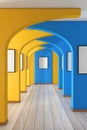 Corridor Hall Way with Yellow and Blue Walls and Blank Picture Frames. 3d Rendering
