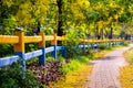 Colorful farm fences and yellow flowers in the flowering season. Royalty Free Stock Photo