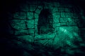 The corridor is horror, scary, darkness. Ghostly gloomy cave in the castle, alcove in the tunnel, entrance to the basement in the Royalty Free Stock Photo