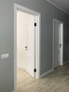 Corridor in the house with white doors and grey walls - scandi interior Royalty Free Stock Photo