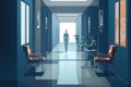 A Corridor In An Office With Chairs. A Man In A Business Suit Walks In The Distance. Generative AI Royalty Free Stock Photo