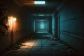 Corridor in old abandoned building, scary dark underground passage, generative AI