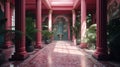 Corridor of pink columns and green plants in vaporwave styled hotel. Generated AI.