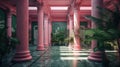 Corridor of pink columns and green plants in vaporwave styled hotel. Generated AI.