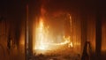 Corridor of a residential building in a flame of fire