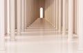 Corridor with roman pillars and bright light at the exit, 3d rendered