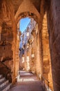 Corridor in ruins of the largest coliseum, North Africa. El Jem,Tunisia, UNESCO Royalty Free Stock Photo