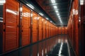 Corridor of self storage unit with yellow doors. Rental Storage Units Royalty Free Stock Photo