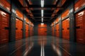 Corridor of self storage unit with yellow doors. Rental Storage Units Royalty Free Stock Photo