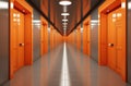 Corridor of self storage unit with yellow doors. Rental Storage Units Royalty Free Stock Photo