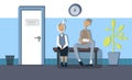 In the corridor of the clinic waiting for patients - a man and a woman. Vector image in flat design style.