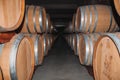 Corridor with wood barrels in the Aurora Winery