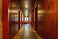 Corridor with wooden paneling inside a mountain cottage