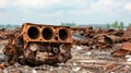 Corroded engine block rests amidst a pile of scrap metal, highlighting themes of decay, industrial waste, and recycling Royalty Free Stock Photo