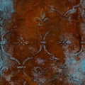 Rusty metal texture with blue ornamental pattern, corroded iron surface close-up, weathered industrial background, oxidized steel Royalty Free Stock Photo
