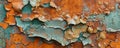A corroded metal surface with deep rust and flaking paint, creating a rugged