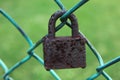 Old, rusty, completely corroded padlock hanging on a chain-link fence Royalty Free Stock Photo