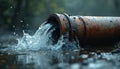 Corroded rusty pipe with water gushing out. A damaged old water pipe is leaking under pressure, creating splashes. Problematic Royalty Free Stock Photo
