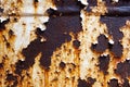 Corroded white metal background. Rusted white painted metal wall. Rusty metal background with streaks of rust. Peeling paint