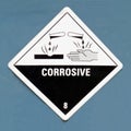 Corrosive hazard symbol warning sign on blue