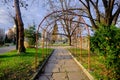 Corrosive and orange vine trellis in open park in Kardzali Bulgaria during early in the morning with sunshine. Royalty Free Stock Photo