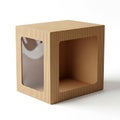 Corrugated Cardboard Cube Box with Clear Window and Open Front on White Background packaging Royalty Free Stock Photo