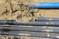 Corrugated pipes for laying electric cables in the excavation Royalty Free Stock Photo