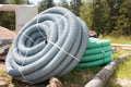 Corrugated plastic pipes used for underground electrical lines Royalty Free Stock Photo