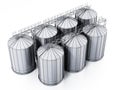 Corrugated steel grain silos isolated on white background. 3D illustration