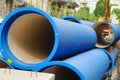 Corrugated water pipes of blue color, large diameter, prepared for laying