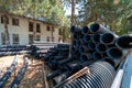 Corrugated water pipes of large diameter prepared for laying Royalty Free Stock Photo