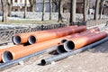 Corrugated water pipes of large diameter prepared for laying Royalty Free Stock Photo