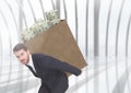Corrupt businessman carrying box filled with bunch of dollar Royalty Free Stock Photo