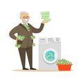 Corrupt confident mature man in a business suit washing dirty money, illegal money laundering vector Illustration